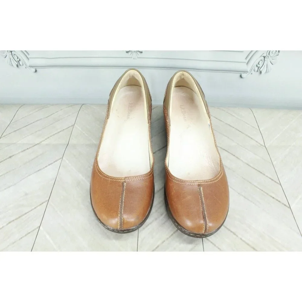 LL BEAN Brown Leather Split Toe Slip On Comfort Shoes Size 8 M - Picture 5 of 9
